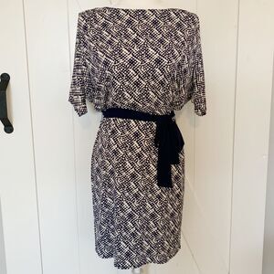 Laundry by Design Dolman Split-Sleeve Jersey Knit Dress Sz 2 Navy Blue Cream Tan